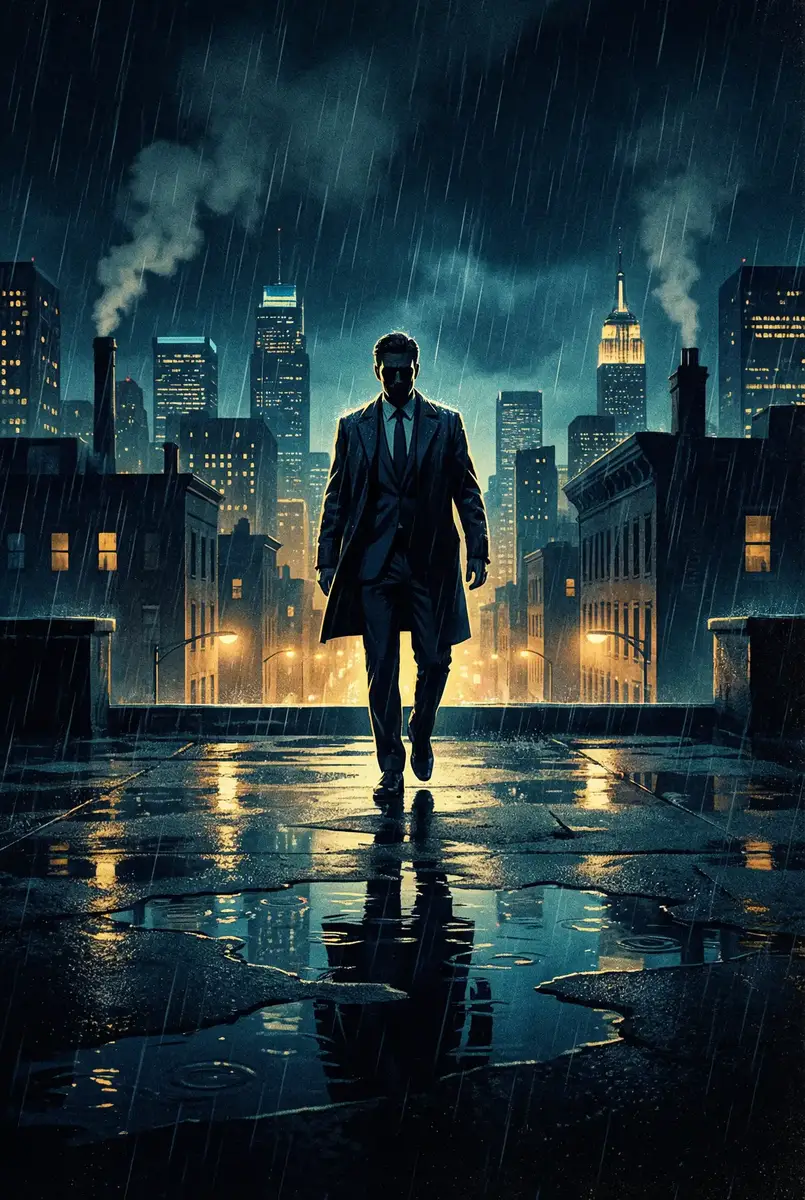 色色的小说 出品影片《雨夜独行者》海报，雨中城市屋顶男性剪影